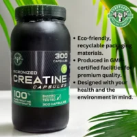 Creatine Capsules, A Black Bottle With A Green Label