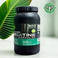 Creatine Capsules, A Black Container With A Green Label